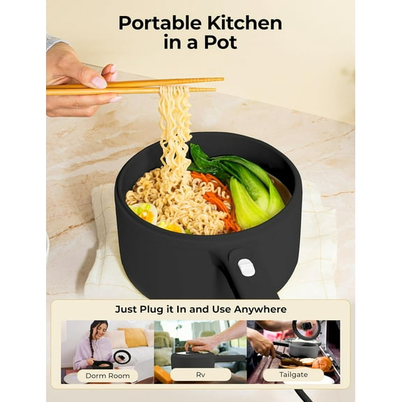 Electric Hot Pot with Lid and Steamer, 1.5L Non Toxic Ceramic Cooker for Ramen, Eggs, Pasta Portable and Compact