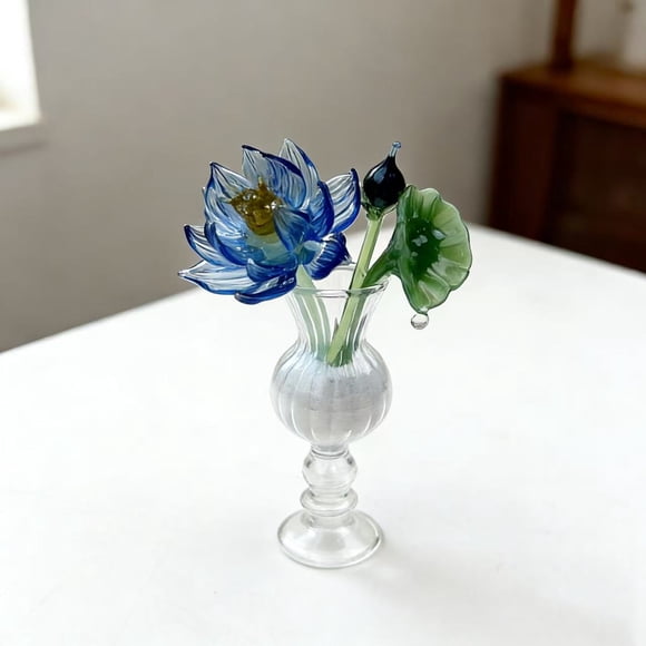 Mini Glass Flower Figurine Handmade Faux Crystal Lotus Bouquet for Home Office Tabletop Decor Gift for Mom Wife