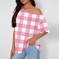 thumbnail image 2 of YUGYXL Women's Off Shoulder Shirt Fashion Plaid Short Sleeve Crewneck Tee Shirts Spring Loose Comfort Casual Tops Pink XXL, 2 of 6