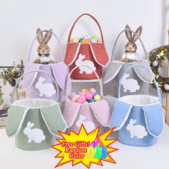 Boovnll Easter Basket, Large Capacity Cute Easter Bunny Basket Stripe Easter Baskets with Handle & Long Ears for Eggs Hunting Baskets Easter Gift Bag, Easter Decorations