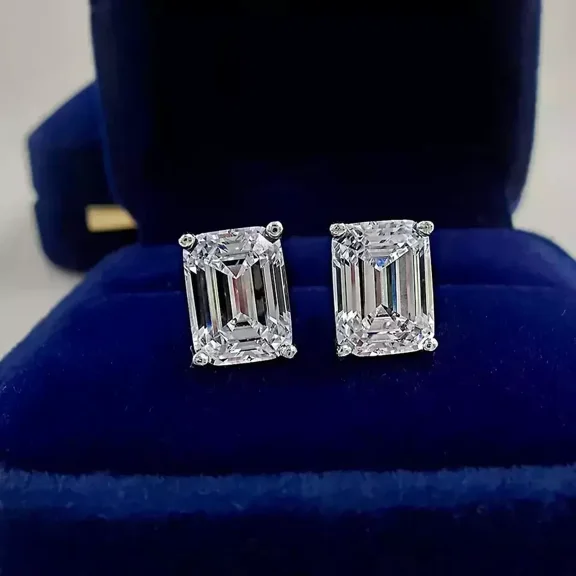 3Ct Emerald Cut Lab-Created Diamond Solitaire Valentine Women's Stud Earrings 14K White Gold Plated