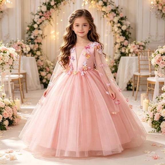 Evening Gown Girls Tutu Dress Lace Bodice Princess Size 8-12Y Wedding Flower Girl Piano Performance Long Dress