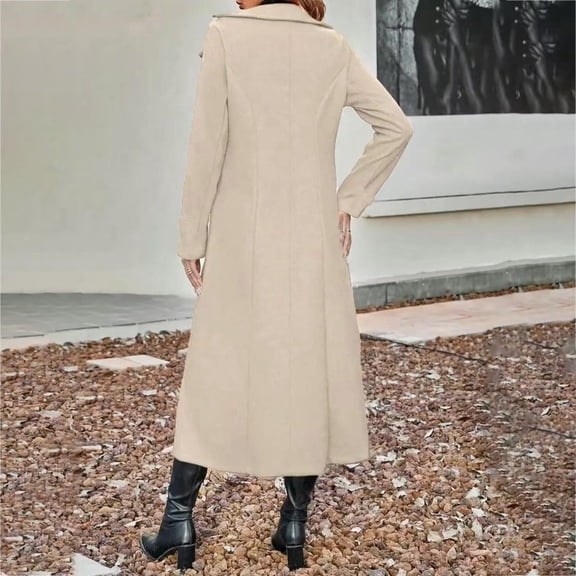 Women's Long Wool Blend Coat, Classic Double Breasted Trench Coat, Belted Open Front Overcoat, Elegant Lapel Jacket, Casual Long Coat, Trench Style Outerwear, Fall Winter Coat Beige L