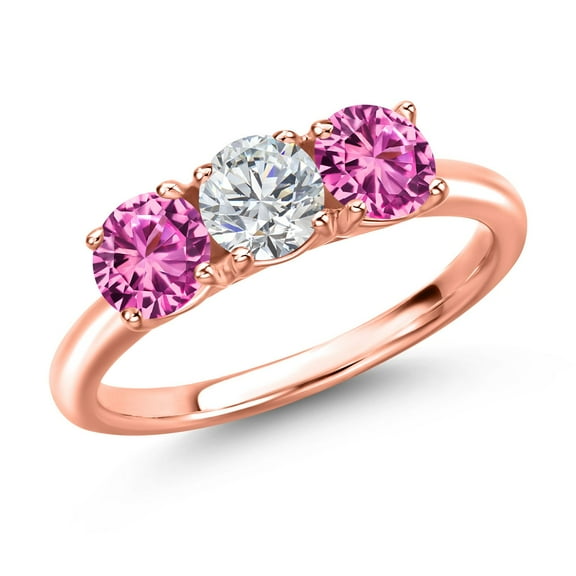 Gem Stone King 18K Rose Gold Plated Silver Lab Grown Diamond and Pink Created Sapphire Engagement Ring for Women | 1.60 Cttw | Round 5MM | Gemstone April Birthstone | Size 6