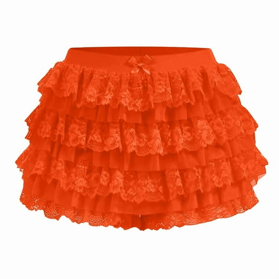 Women Y2K Lace Multi-Layered Bloomers, Ruffle Shorts, Short Pumpkin Pants, Elastic Waist Sweet Pettipants Orange Red XL