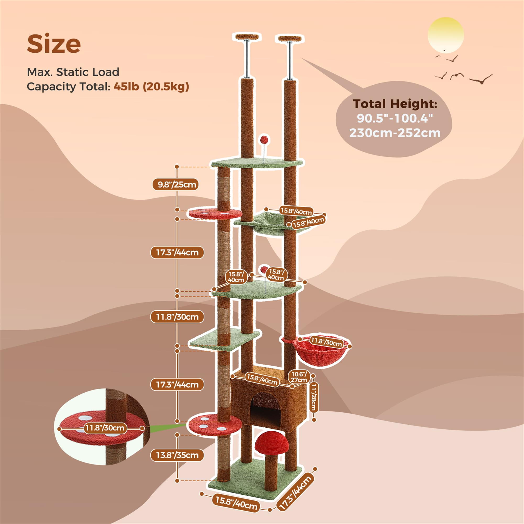 Kadyn Floor to Ceiling Tall Cat Tree Tower Adjustable (90.5"-100.4") with Cat Condo, Cat Hammock and Scratching Post, Cat Climbing Tree for Indoor Large Cats, Brown