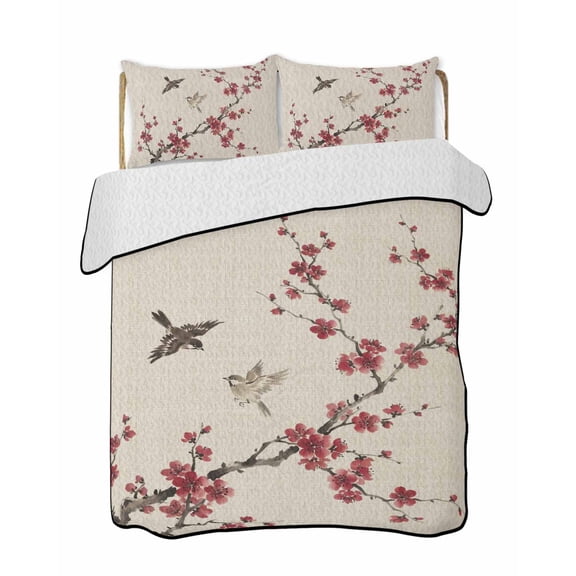 Twin XL Quilt Bedding Set, Spring Cherry Flowers Reversible Summer Quilt 3 Pieces, Retro Country Floral Birds Plants Beige Lightweight Bedspreads Coverlets with 2 Pillow Shams for All Seasons