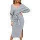 thumbnail image 1 of Vestido elegante de punto para mujer, cuello en V, manga larga y cinturón, 1 of 5