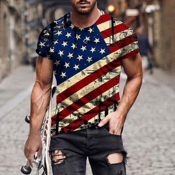 Goodtrade8 Mens 4th of July Tshirts Summer Red White and Blue Pullover Independence Day Short Sleeve Crew Neck American Flag Tops for Men Outdoor