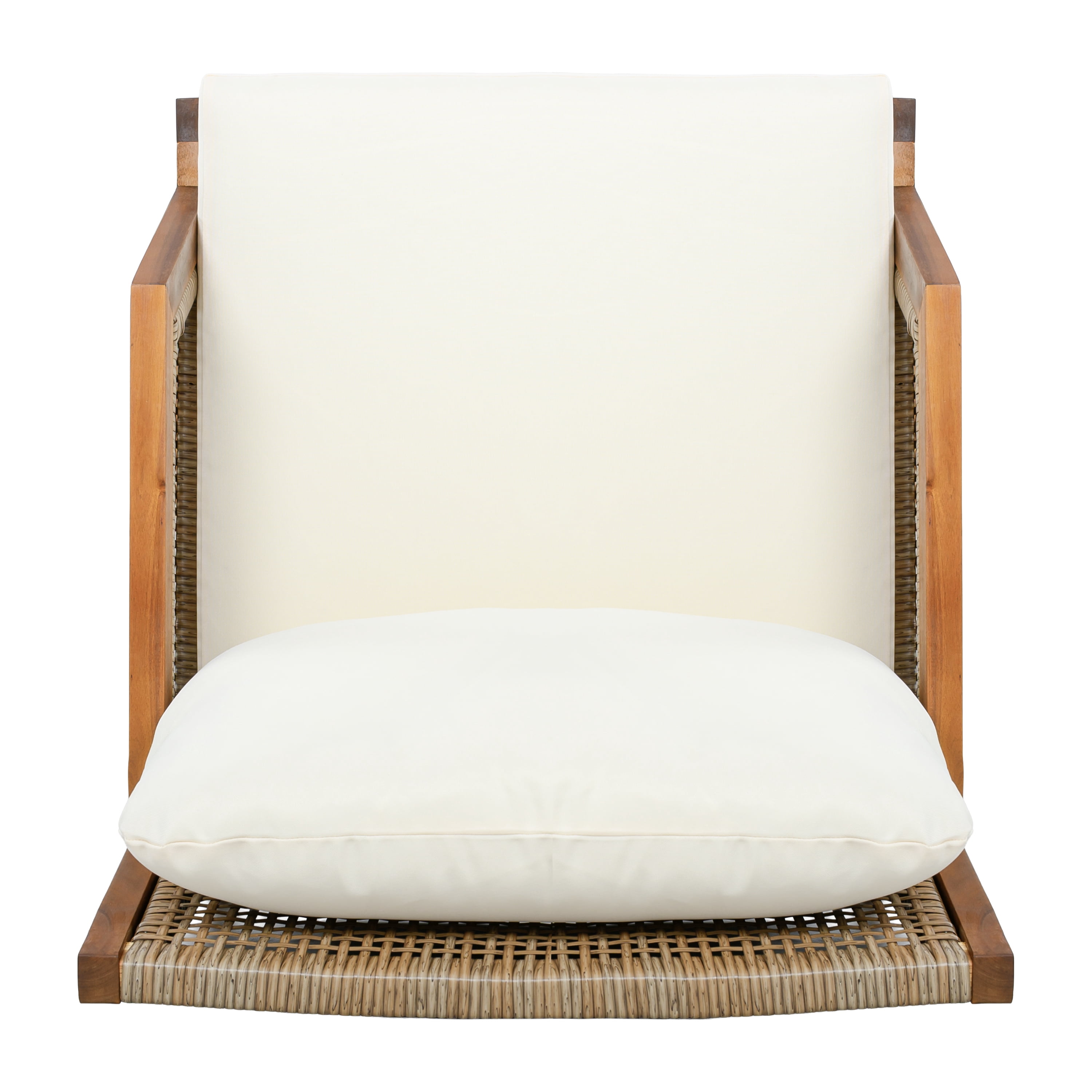 Outdoor Patio Club Chair with Acacia Wood and Hand-Woven Flat Wicker, Deep Seating Armchair and Garden Chair with Soft Cushions for Backyard Balcony, Teak and Cream