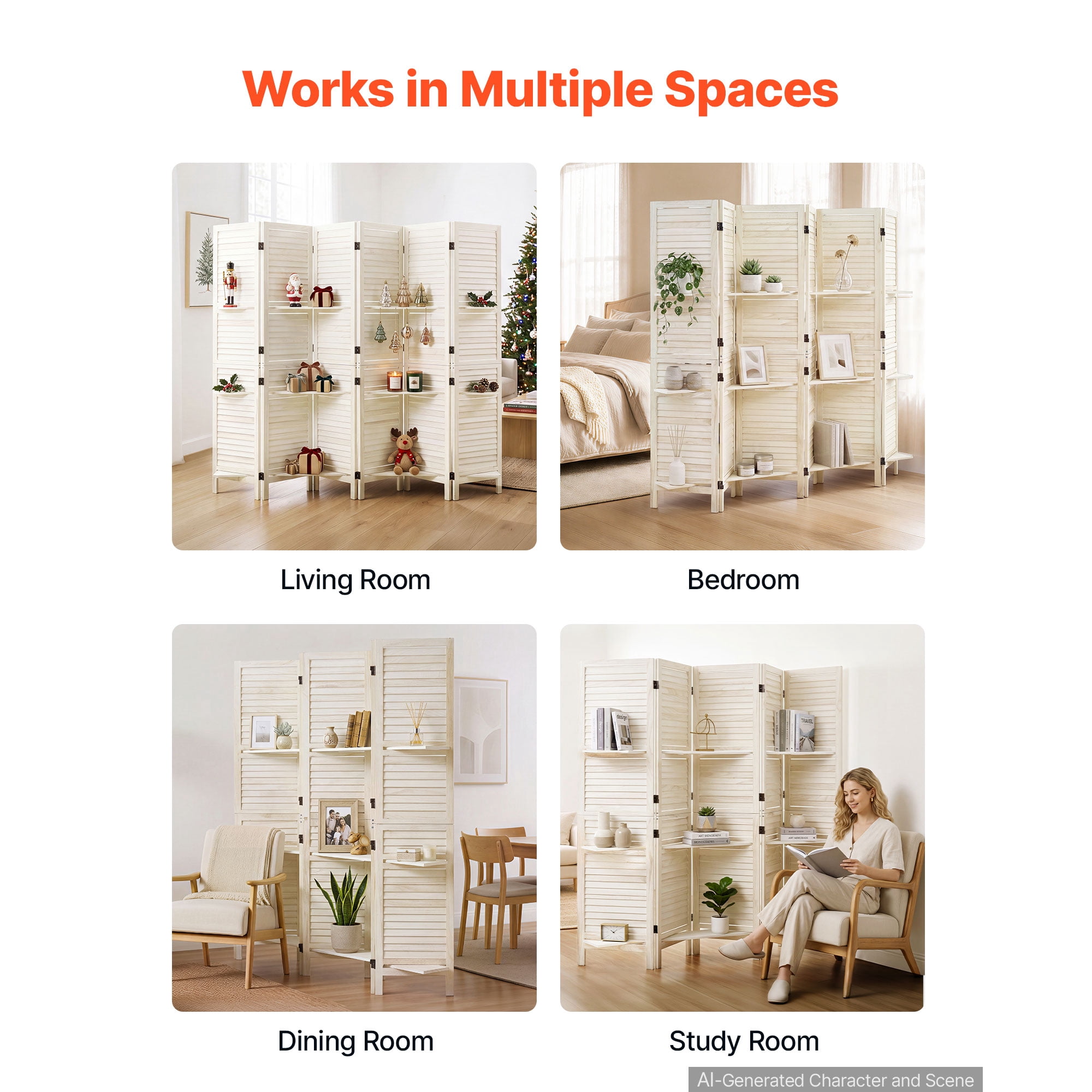 KFFKFF 6-Panel Wooden Room Divider with Shelves, Folding Privacy Screen for Home Decoration and Space Separation, 67.1 Inches Tall, Durable Frame,Two-Way Hinges,Louvered Design with Included Hardware
