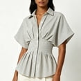 thumbnail image 4 of SSZMDLB Women Collared Short Sleeve Button Down Pleated Peplum Top Casual Blouse Solid Basic Shirt Office Outfits Summer Work Tops, Black L, 4 of 9