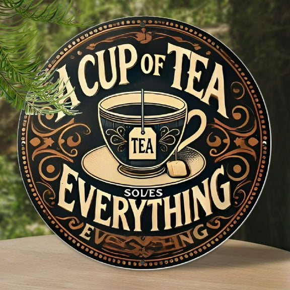 "A Cup of Tea Solves Everything" Round Metal Sign - 8x8 Inch Aluminum Wall Art with Ornate Tea Design, Perfect for Home, Office, Living Room, or Cafe Decor, Office Artwork | Vintage Metal Sign