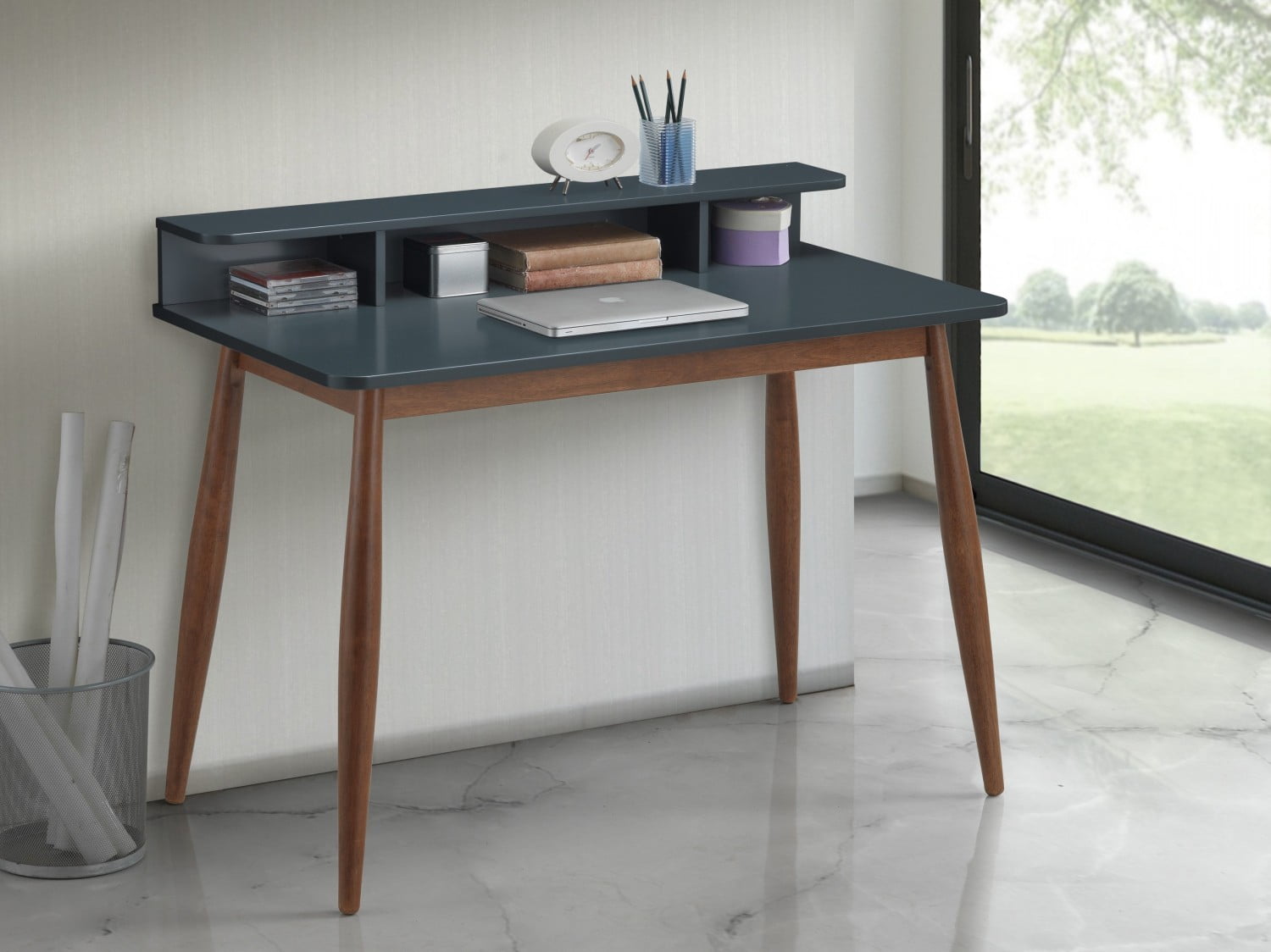Mid-Century Modern Writing Desk with Hutch, 43" Home Office Desk with 3 Shelves Storage for Study Bedroom Computer Desk, Grey