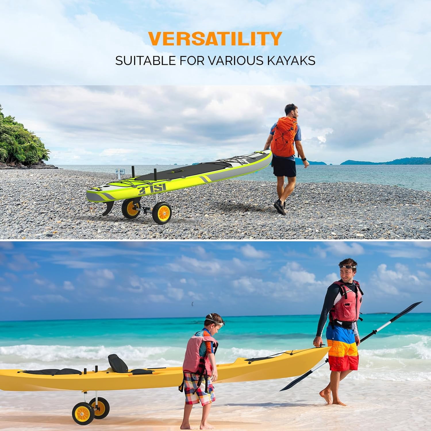 HJTER Kayak Cart with 10in Kayak Wheels, 7.1"-17.1" Adjustable Width, Detachable Kayak Dolly with Adjustable Angle Kickstand, Strap Free Kayak Trolley for Sit on Top Kayaks