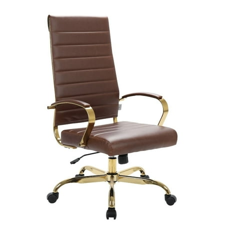 LeisureMod Benmar High-Back Mid-Century Modern Swivel Leather Office Chair With Gold Frame in Brown