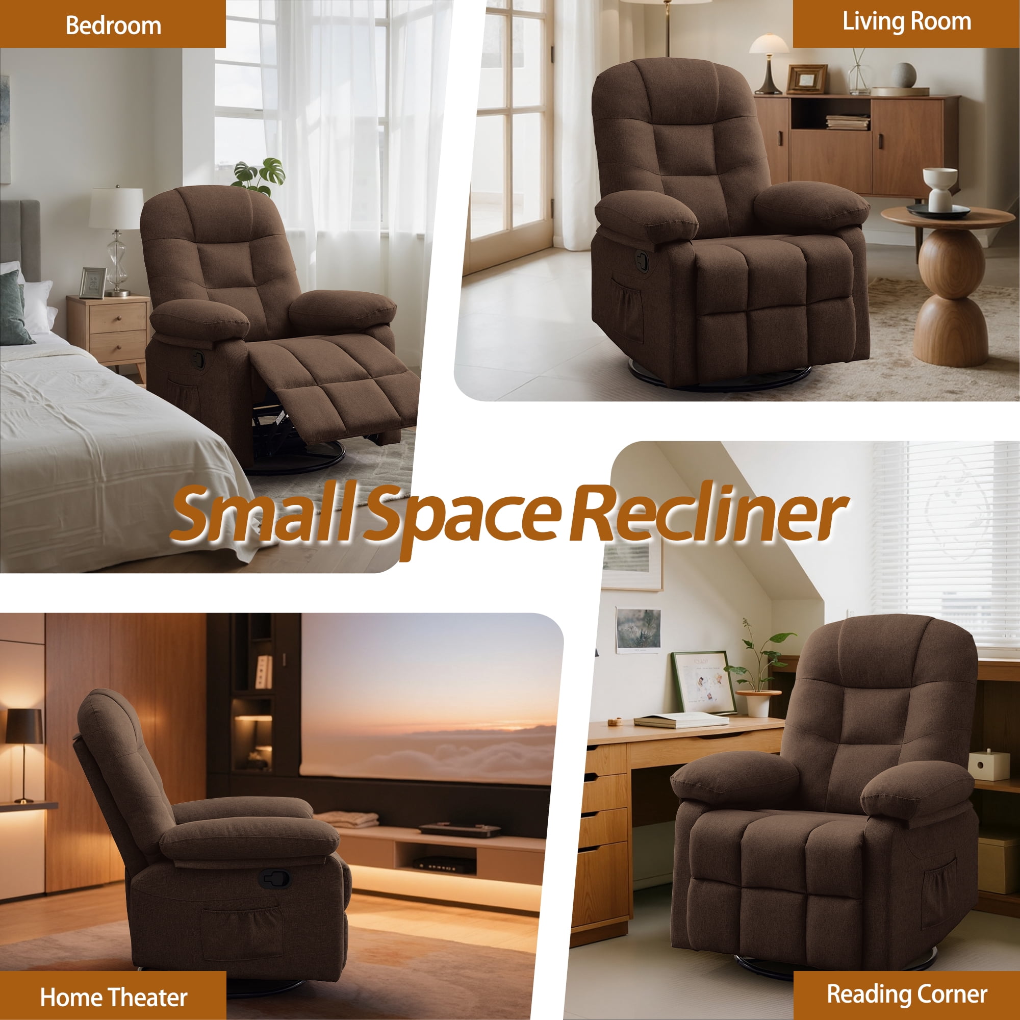 Korser Manual Swivel Rocker Recliner Chair for Living Room,Small Recliner Sofa for Small Spaces,Linen Fabric,Brown