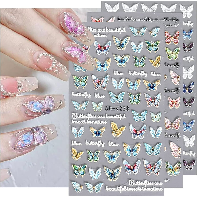 Eseres 10 Sheets Laser Butterfly Nail Stickers 3D Self-Adhesive Butterflies  Nail Decals Colorful Laser Stickers for Nails Art Design