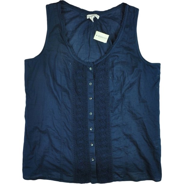 Aeropostale - Camiseta sin mangas de encaje con botones para mujer, azul, extragrande
