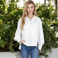 thumbnail image 3 of Women's Long Sleeve Pullover Hoodie with Button Neck and Raw Hem Detail - X Large, White, 3 of 7
