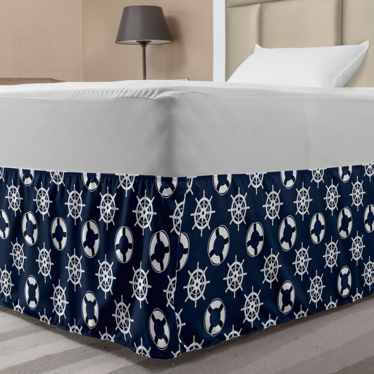 Nautical Blue Bed Skirt, Summer Marine Patter with Buoy and Wheel