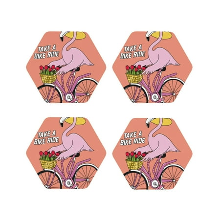 

Tebeau Flamingo Riding a Bicycle Print Set of 4 Leather Drink Coasters Round Cup Mat Pad for Home and Kitchen Use 4 -Hexagon