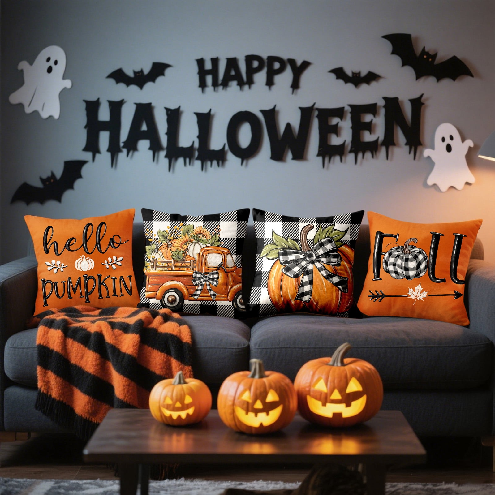 Sanmadrola Halloween Pillow Covers 18" x 18" Set of 4, Invisible Zipper, Pumpkin Pattern Pillowcases for Autumn Thanksgiving Holiday Home Decorations