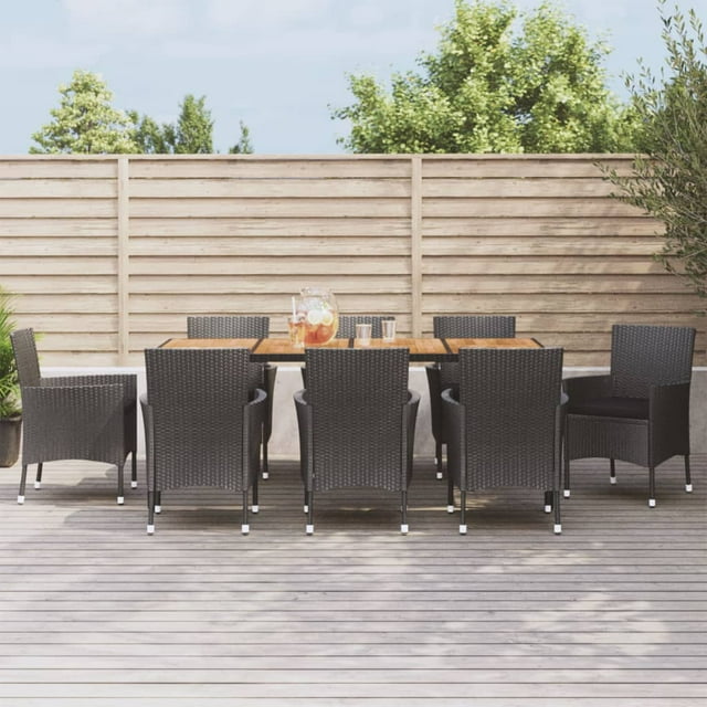 vidaXL 9 Piece Garden Dining Set with Cushions Black Poly Rattan