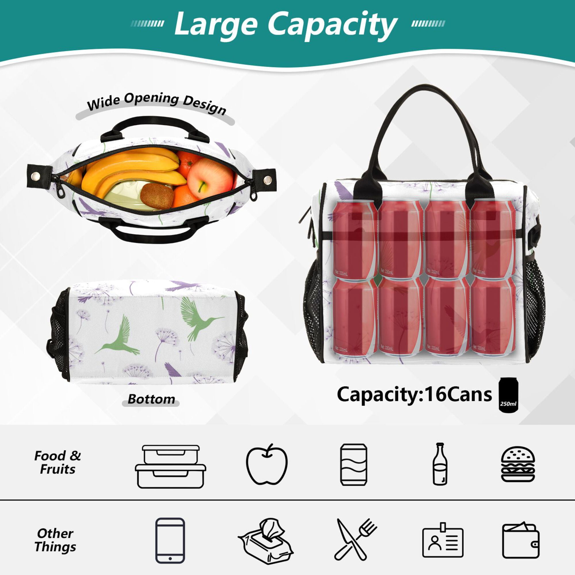FORMRS Insulated Lunch Bag for Work School Unisex Large Capacity Cooler with Shoulder Strap, Purple Birds