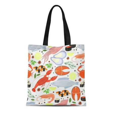 SIDONKU Canvas Bag Resuable Tote Grocery Shopping Bags Seafood and Spices for in Patter with Colorful of Calamari Lobster Crab Sushi Tote