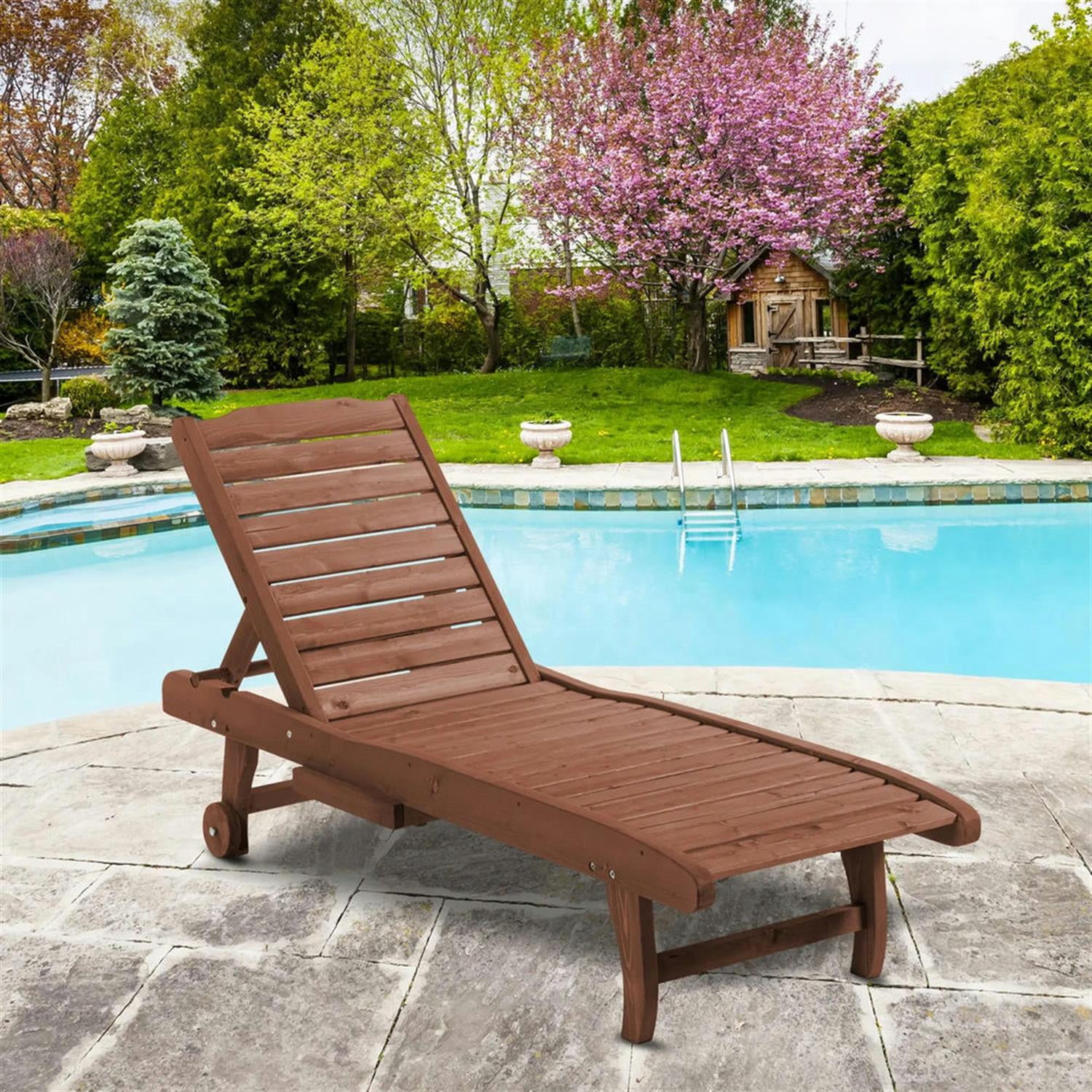 Demi Bonn Outdoor Wooden Chaise Lounge with 3-Position Backrest, Integrated Table & Casters for Beach Poolside Sunbather, Brown