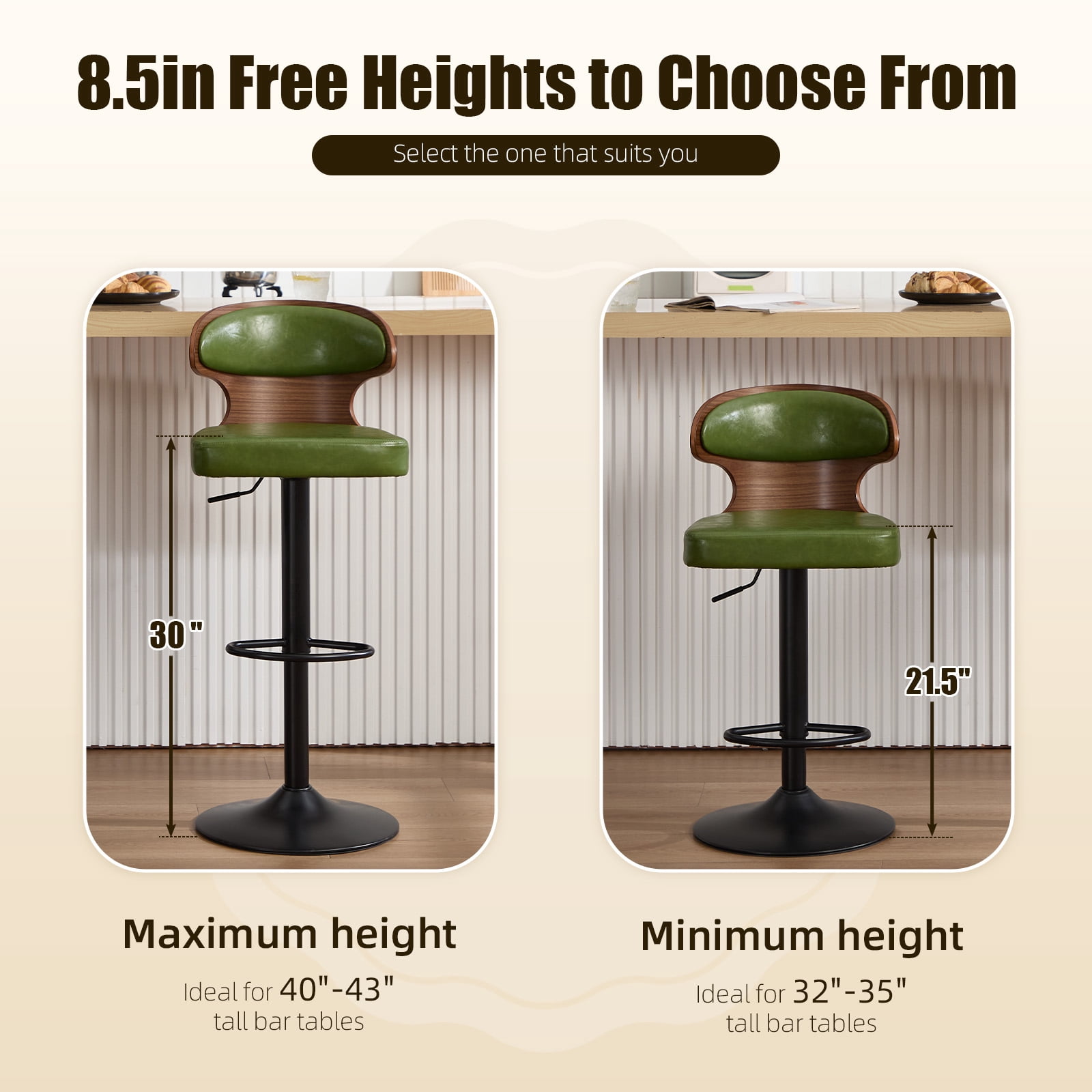 MOONMISS Swivel Bar Stools Set of 2, Wooden Kitchen Bar Chairs with Back, PU Leather Counter Height Barstools for Kitchen Island,