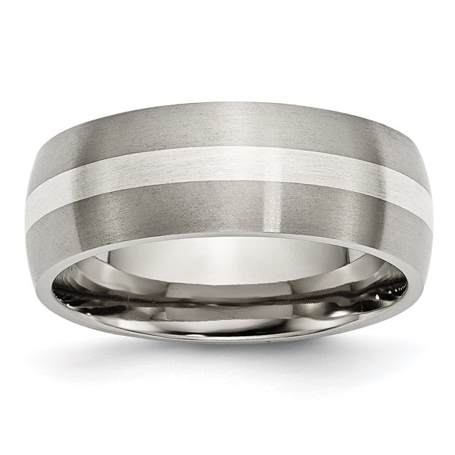 Titanium Sterling Silver Inlay 8mm Brushed Band Ring 7.5 Size