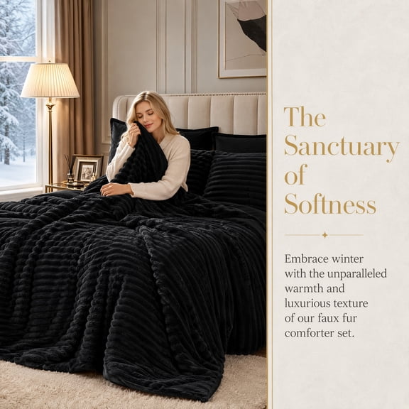 Queen Comforter Set 3 Pieces, Black Faux Fur Stripe Jacquard Fleece Bedding Set, Super Soft Winter Warm Bed Set with 2 Pillowcases