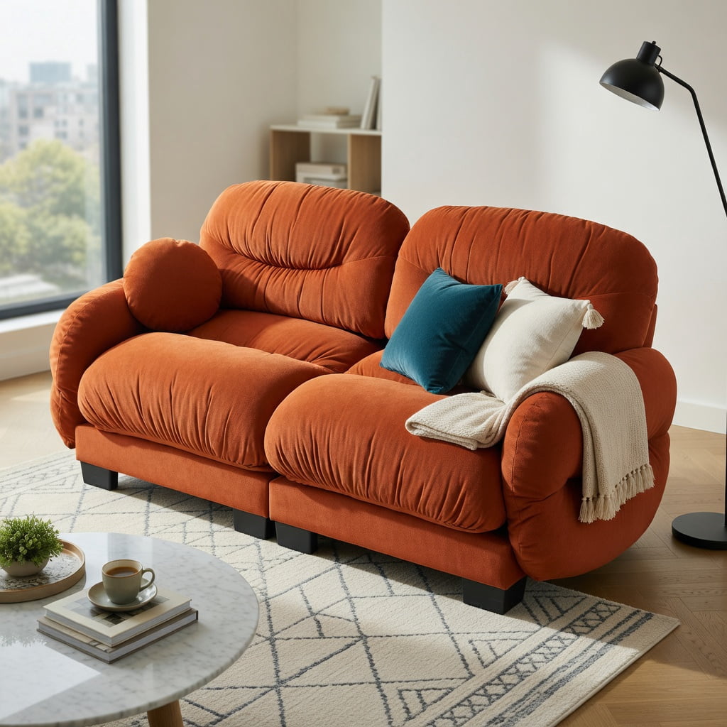Hommoo Chenille 2-Seater Modular Sofa with Pleated Back, Ergonomic High-Density Foam Cushions, Curved Armrests & 2 Round Throw Pillows, Orange