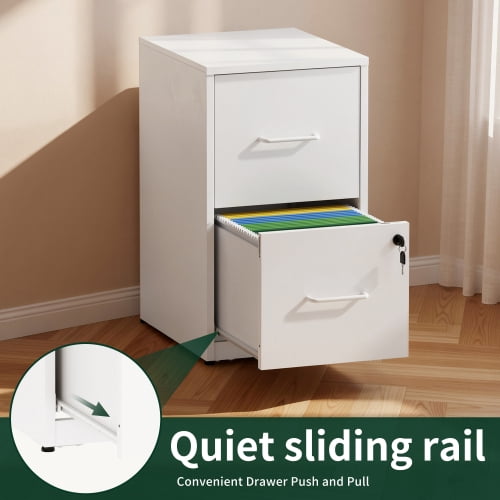 2-Drawer Lockable Metal File Cabinet with Anti-Tip Kit, Vertical Under Desk Steel Filing Cabinet with Adjustable Hanging Rails, White
