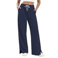 thumbnail image 2 of LEAVINGSUO Wide Leg Pants for Women Plus Size Womens High Waist Drawstring Casual Trousers With Split Hem Pockets Navy XXXL, 2 of 7