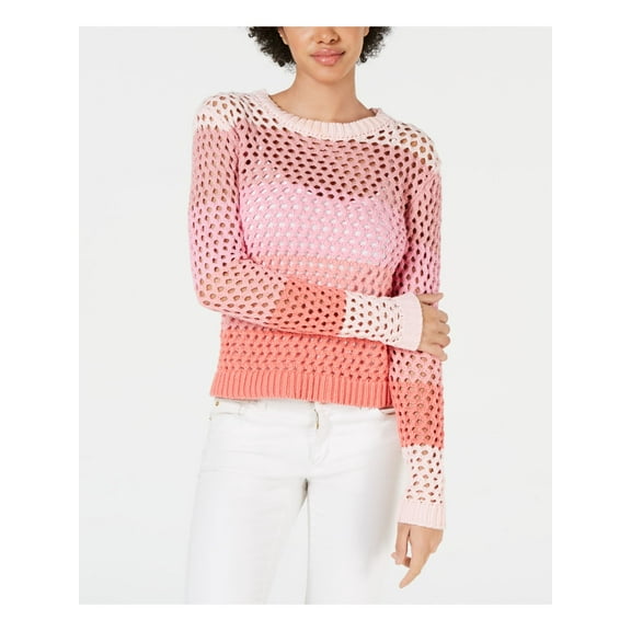 LEYDEN Womens Coral Color Block Long Sleeve Jewel Neck Sweater Size: L