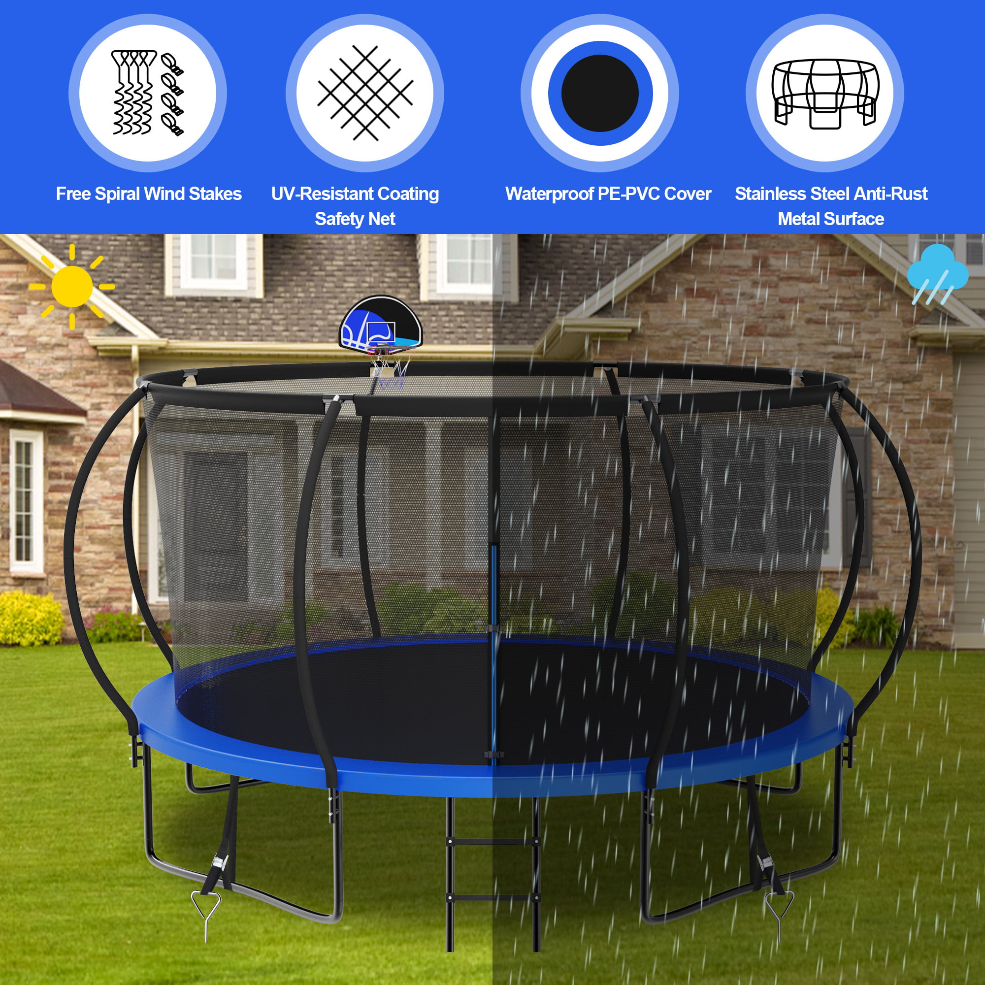 KOFUN12FT Trampoline for Kids and Adults, 1200LBS Round Backyard Trampoline with Enclosure Net and Hoop, ASTM CPC Approved, Trampoline with Lights and Sprinklers, Poles, Blue - Walmart.com