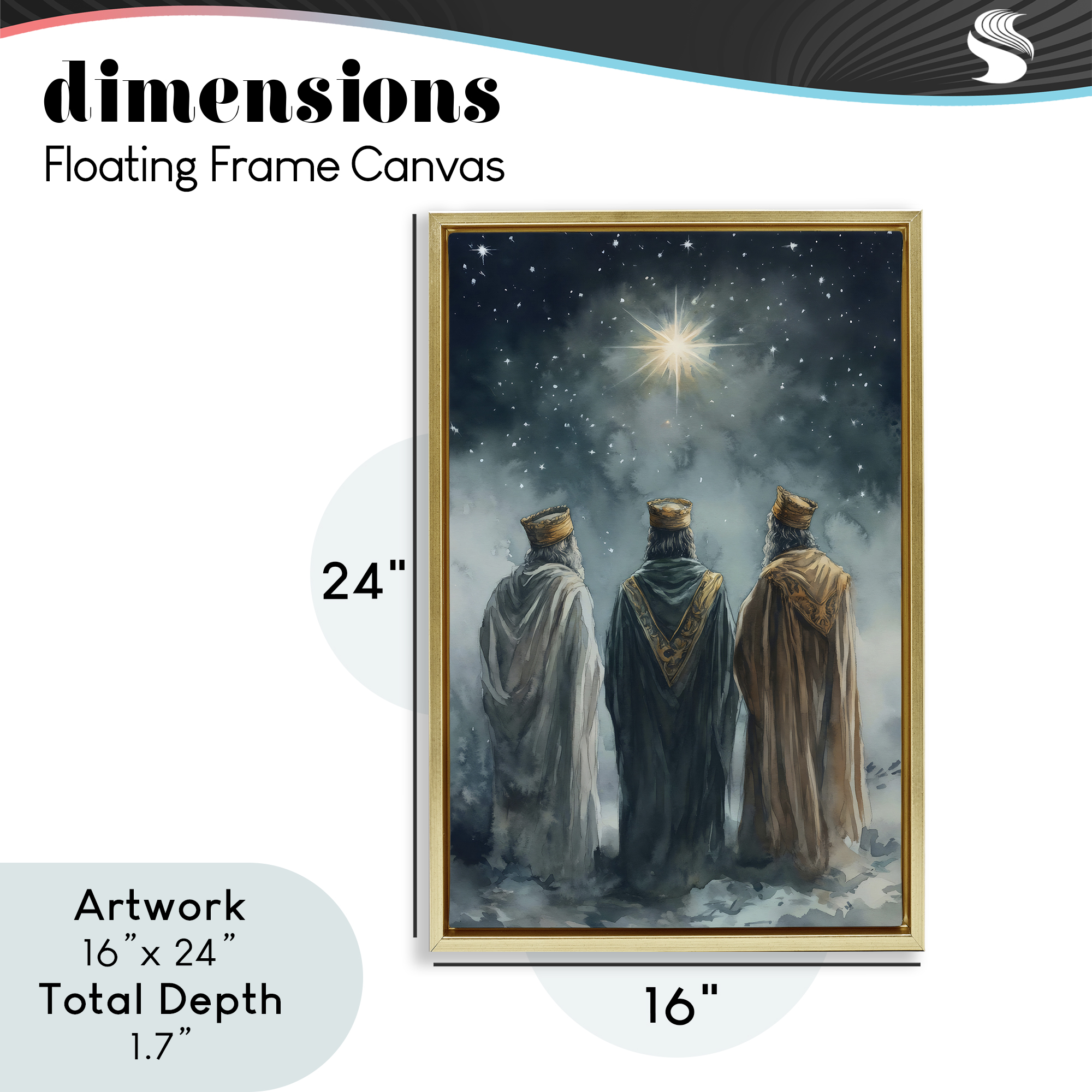 Three Wise Men & North Star Gold Framed Floater Canvas Wall Art, design by Petal Prints Design