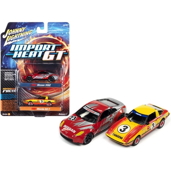 2006 Nissan 350Z #23 Red and Silver w/Graphics & 1981 Mazda RX-7 #3 Yellow w/Stripes 1/64 Diecast Model Cars by Johnny Lightning