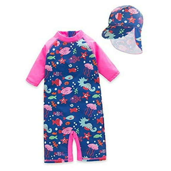 Styles I Love Toddler Little Girls Sea Creatures One-Piece Rash Guard Swimsuit with Sun Hat 2pcs Set Blue Bathing Suit Beach Swimwear (3T)