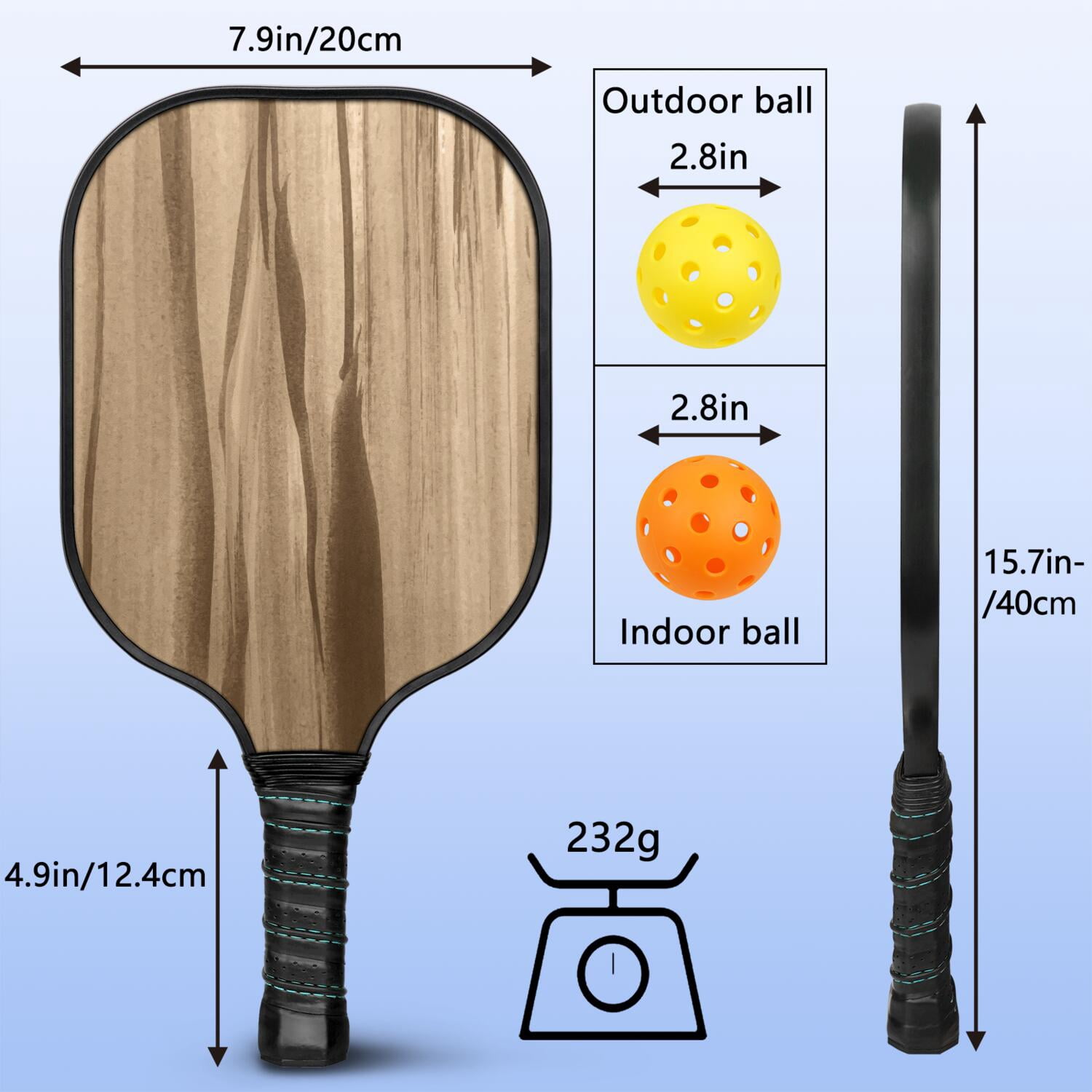 Pickleball Paddles Set Of 2, Fiberglass Surface, Wood Grain Print, 4 Balls & Bag