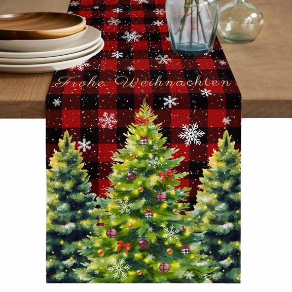 Green Christmas Tree Table Runner 70 Inches, Xmas Tree Snowflake Winter Red Plaid Bed Runner Dresser Scarves Tabletop for Indoor Outdoor Parties/Ceremony/Banquet, 13" x 70"
