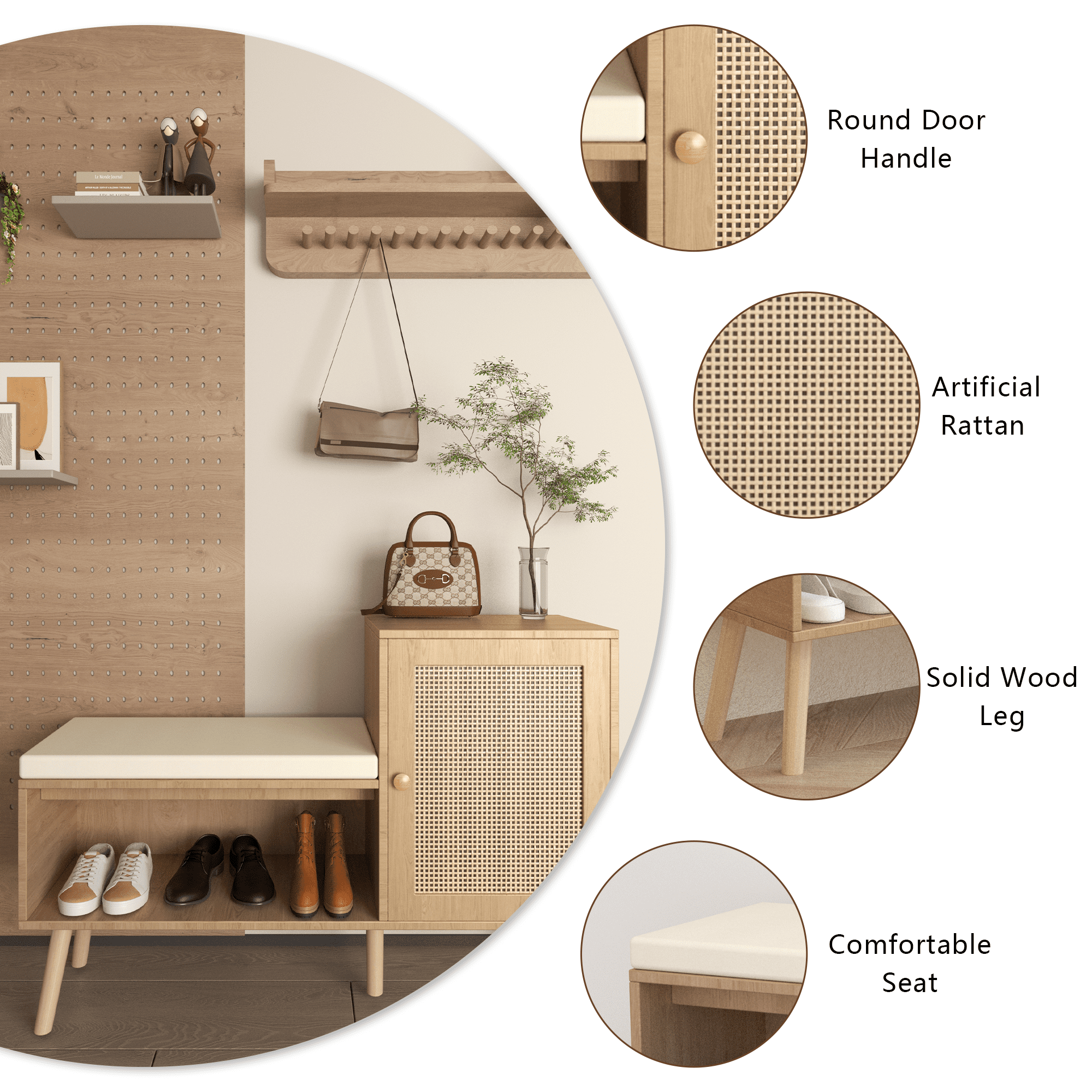 Jopath 2-in-1 Shoe Storage Bench, PP Rattan Shoe Cabinet with 2 Adjustable Shelves and Removable Seat Cushion, Modern Entryway Bench, Shoe Storage Organizer, Shoe Rack for Hallway, Bedroom