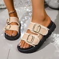 thumbnail image 2 of Fiaer Women's Buckle Denim Platform Slippers Open Toe Slide Mules Sandals Summer Fashion Walking Shoes Khaki 7, 2 of 8
