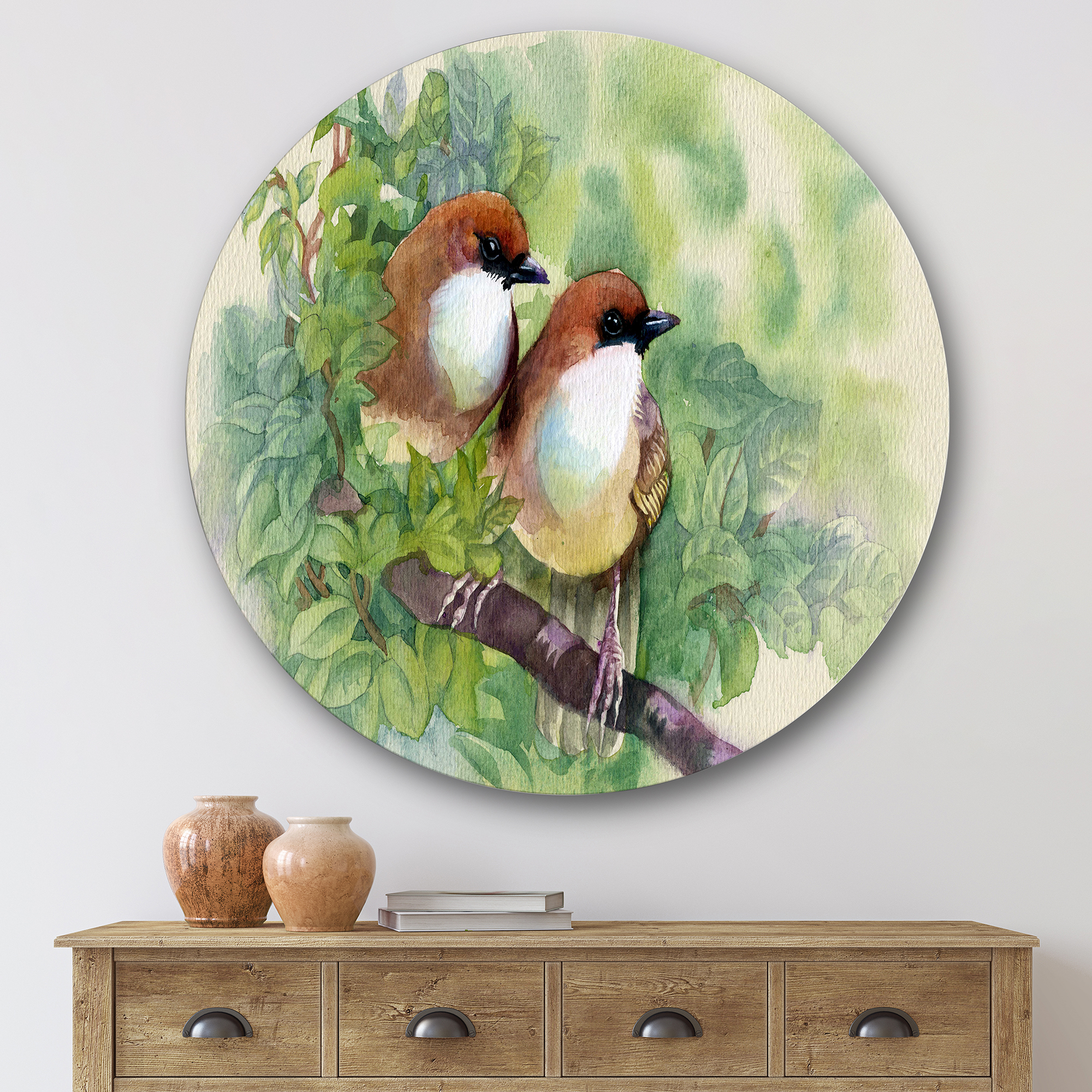 Designart 'Birds Of Spring Sitting On Branch' Traditional Circle Metal Wall Art 29x29 - Disc of 29