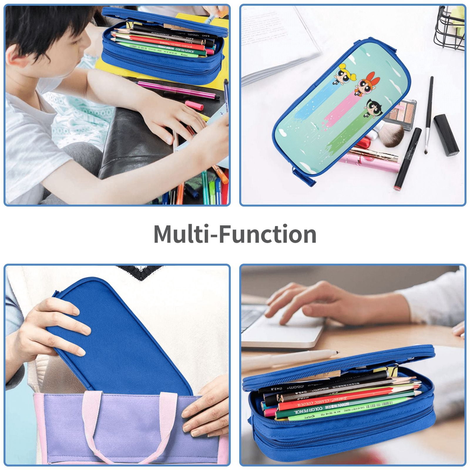 The Powerpuff Gi-rls Pencil Case Large Capacity Pencil Pouch Penbag Office Stationery Organizer Travel Makeup Bag Blue