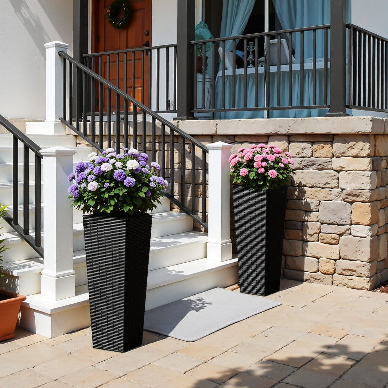 Homall 2-Pack 24" Tall Outdoor Plastic Planters with Inside Pots, Rattan - Patterned for Patio Decor