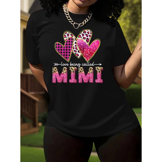 Women's Casual Fashion Black T-Shirt with Plaid and Leopard Heart Print, Short Sleeves, Round Neck - Polyester Blend, Machine Washable